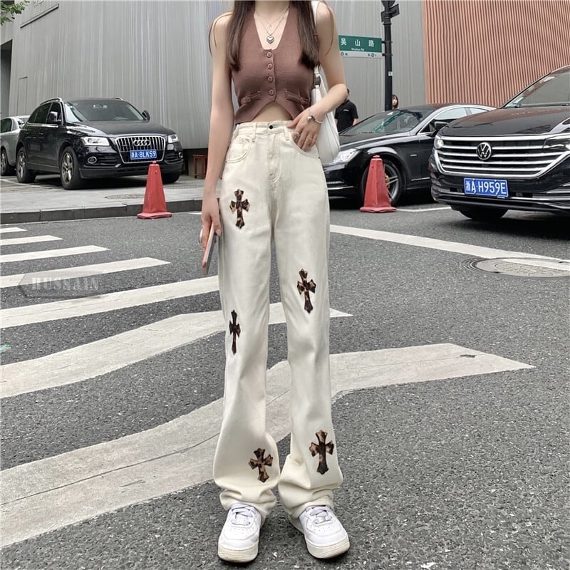 2024春夏ジーンズ パンツ ハイウエスト ストリート ハンサム女子 ゆるダボ 美脚 体型カバー ホワイトコーデ スタイルアップ 色っぽ 女っぽ カジュアル きれいめ 大人っぽ夏