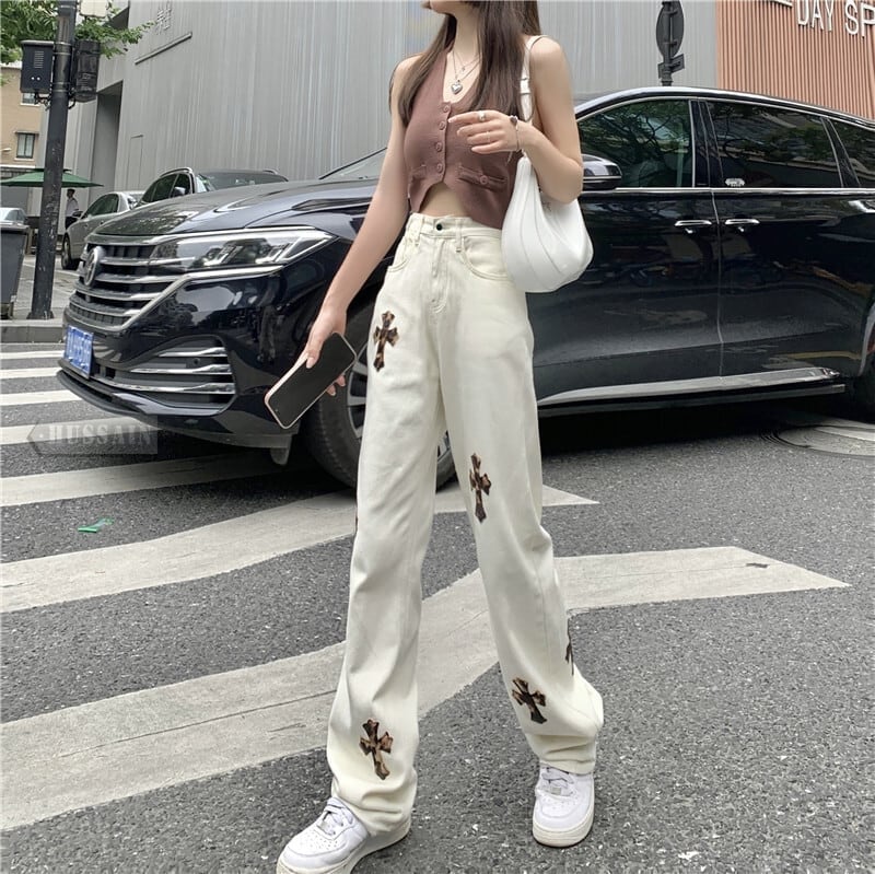 2024春夏ジーンズ パンツ ハイウエスト ストリート ハンサム女子 ゆるダボ 美脚 体型カバー ホワイトコーデ スタイルアップ 色っぽ 女っぽ カジュアル きれいめ 大人っぽ夏