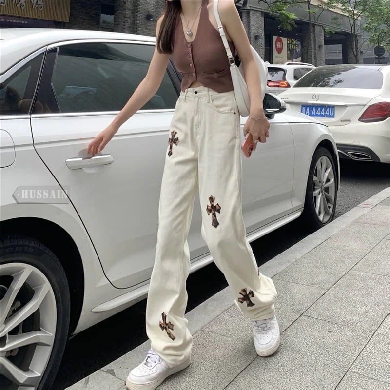 2024春夏ジーンズ パンツ ハイウエスト ストリート ハンサム女子 ゆるダボ 美脚 体型カバー ホワイトコーデ スタイルアップ 色っぽ 女っぽ カジュアル きれいめ 大人っぽ夏