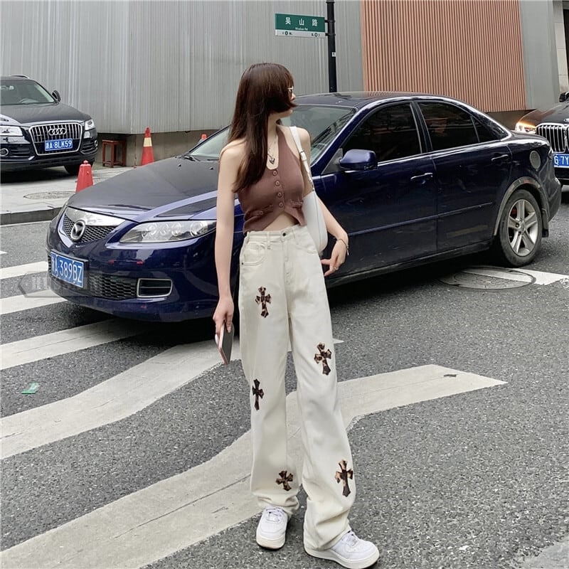 2024春夏ジーンズ パンツ ハイウエスト ストリート ハンサム女子 ゆるダボ 美脚 体型カバー ホワイトコーデ スタイルアップ 色っぽ 女っぽ カジュアル きれいめ 大人っぽ夏