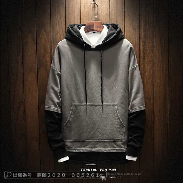 最安挑戦 春新作 送料無料 新作 メンズパーカー 長袖トップス パーカー メンズ フェイクレイヤード 重ね着風 フード付き トップス 無地 通勤 通学 カジュアル かっこいい 大きいサイズ 部屋着 お