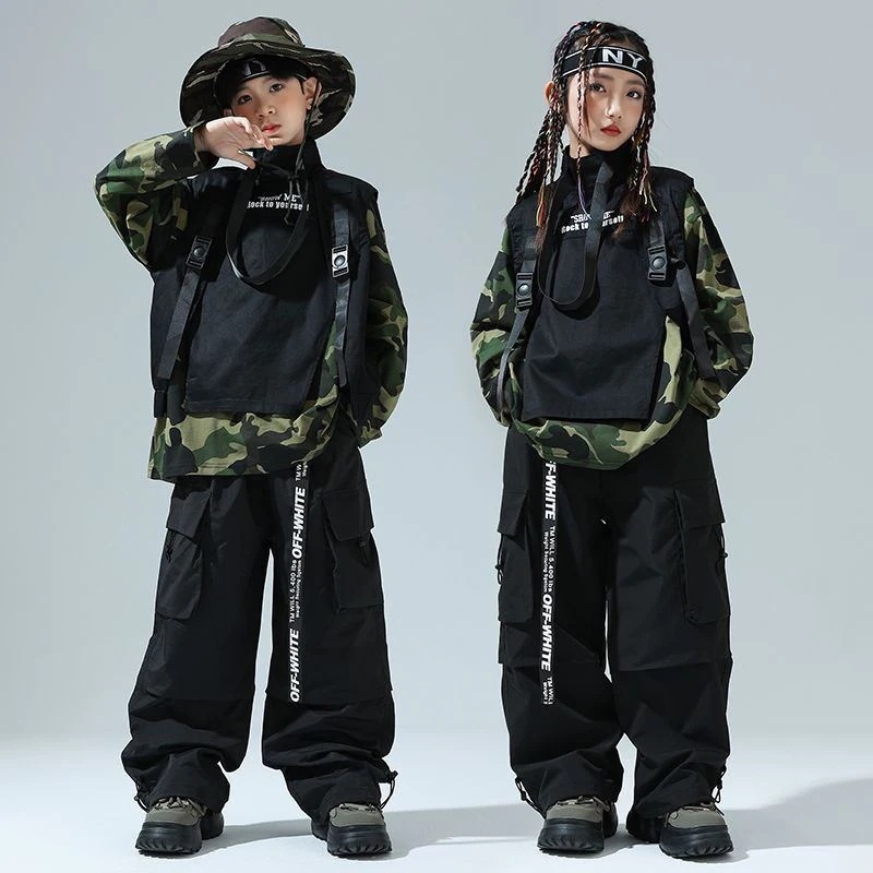 ストリートダンス少年潮服ヒップホップ迷彩tシャツ女の子ジャズダンス工装ズボンセット男の子Bboy表演出服