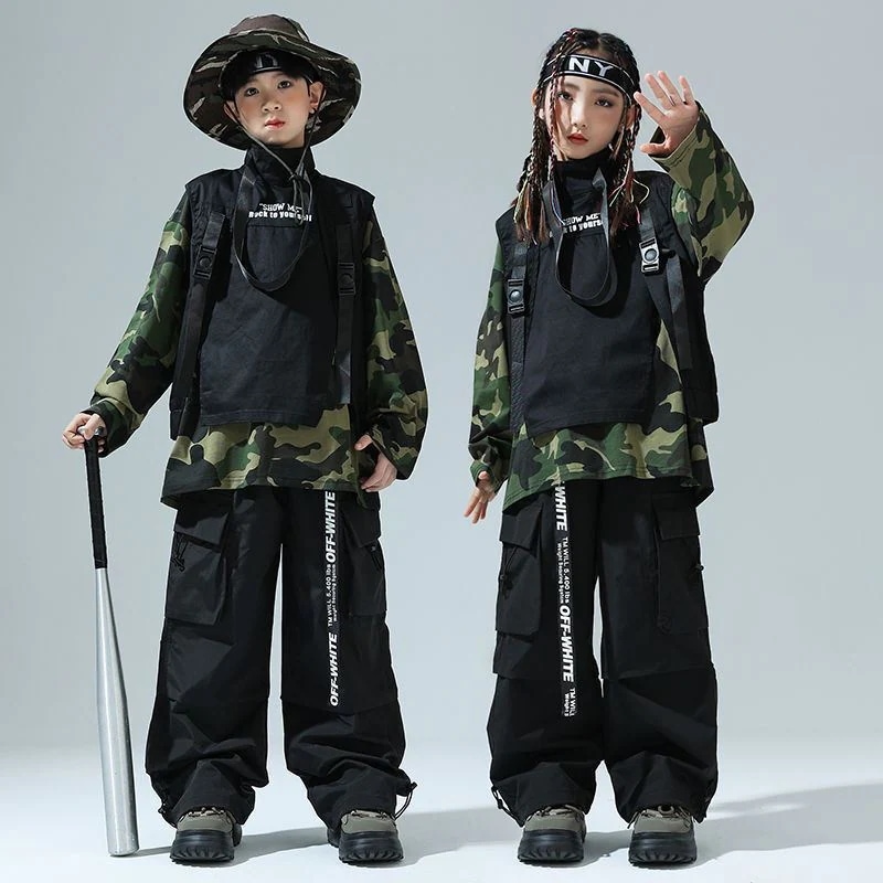 ストリートダンス少年潮服ヒップホップ迷彩tシャツ女の子ジャズダンス工装ズボンセット男の子Bboy表演出服