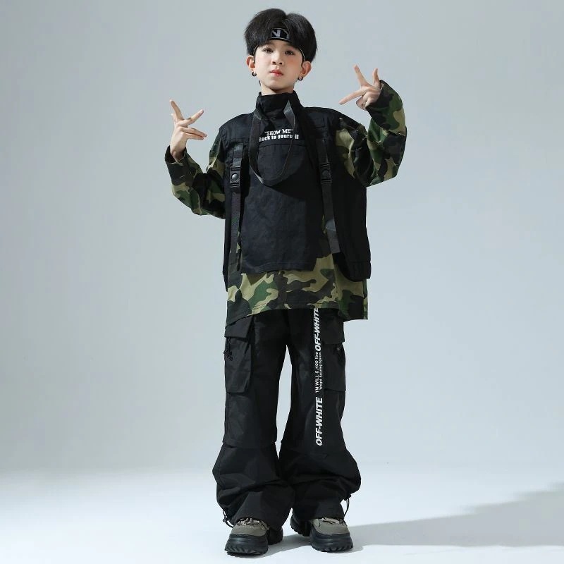 ストリートダンス少年潮服ヒップホップ迷彩tシャツ女の子ジャズダンス工装ズボンセット男の子Bboy表演出服