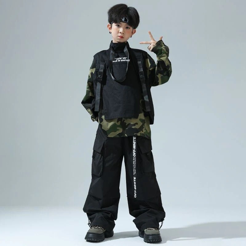 ストリートダンス少年潮服ヒップホップ迷彩tシャツ女の子ジャズダンス工装ズボンセット男の子Bboy表演出服