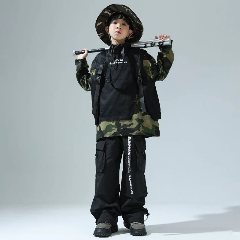 ストリートダンス少年潮服ヒップホップ迷彩tシャツ女の子ジャズダンス工装ズボンセット男の子Bboy表演出服