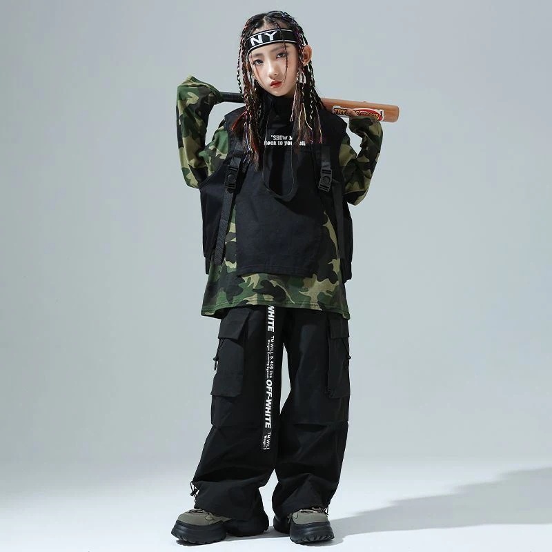 ストリートダンス少年潮服ヒップホップ迷彩tシャツ女の子ジャズダンス工装ズボンセット男の子Bboy表演出服