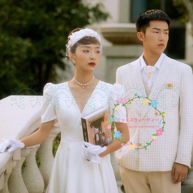 ウェディングドレス エンパイアライン 高級感 袖あり 白 ワンピース 披露宴 前撮り 二次会 結婚式 挙式