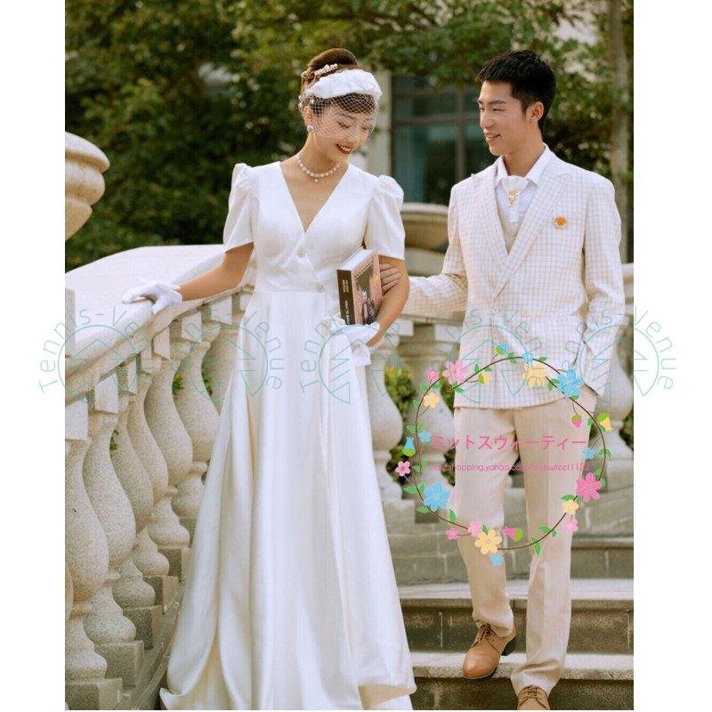 ウェディングドレス エンパイアライン 高級感 袖あり 白 ワンピース 披露宴 前撮り 二次会 結婚式 挙式