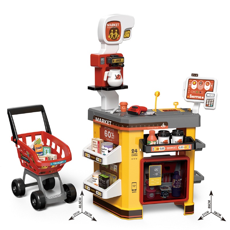 子供用シミュレーションスーパーマーケットショッピングカートレジ冷蔵庫スプレースキャンスワイプカードプレイハウススーパーマーケットおもちゃ- 65pcs/有償スキャナーレジカード機冷蔵庫用スプレー(