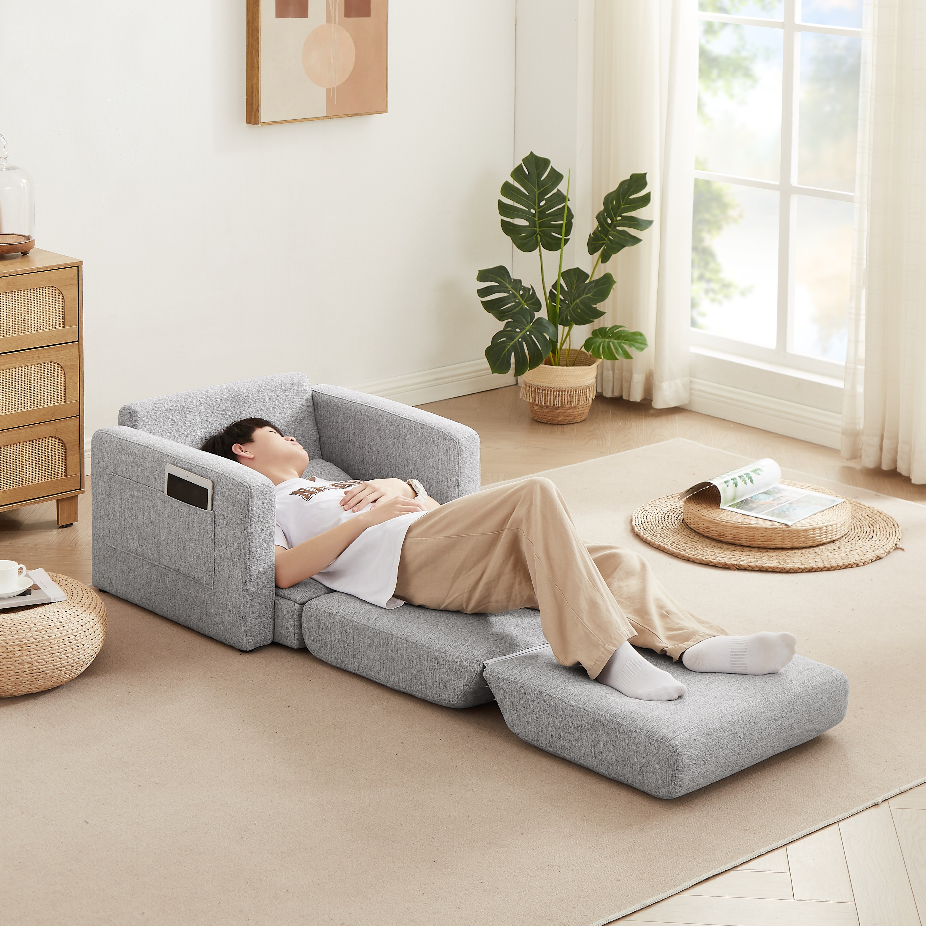 【国内発送　送.料.無.料】ソファーベッド 折りたたみベッド ローソファー シングルソファーベッド 座面開閉式 ソファーけ コンパクトソファーベッド フロアソファ 肘掛け収納ポケット付き