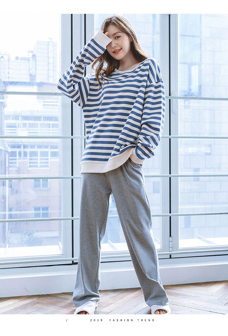 ウェア レディース 長袖パジャマ ボーダー ロングパンツ 上下セット 可愛い セットアップ 部屋着 韓国風 寝巻き 快適 プレゼント 家着 大きいサイズ 大きめ ゆったり