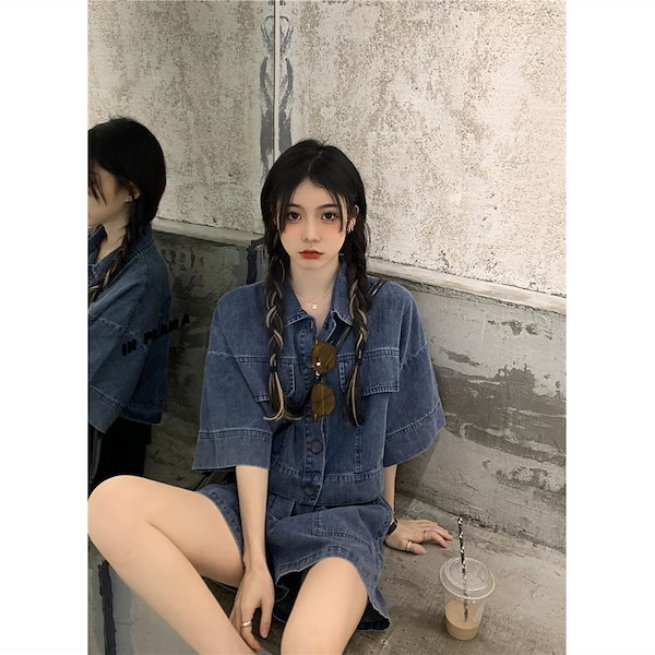 デニム　セットアップ　半袖　韓国　y2k デニムジャケット　パンツ　インスタ 韓国 服 レディース セットアップ デニム ショートパンツ 青