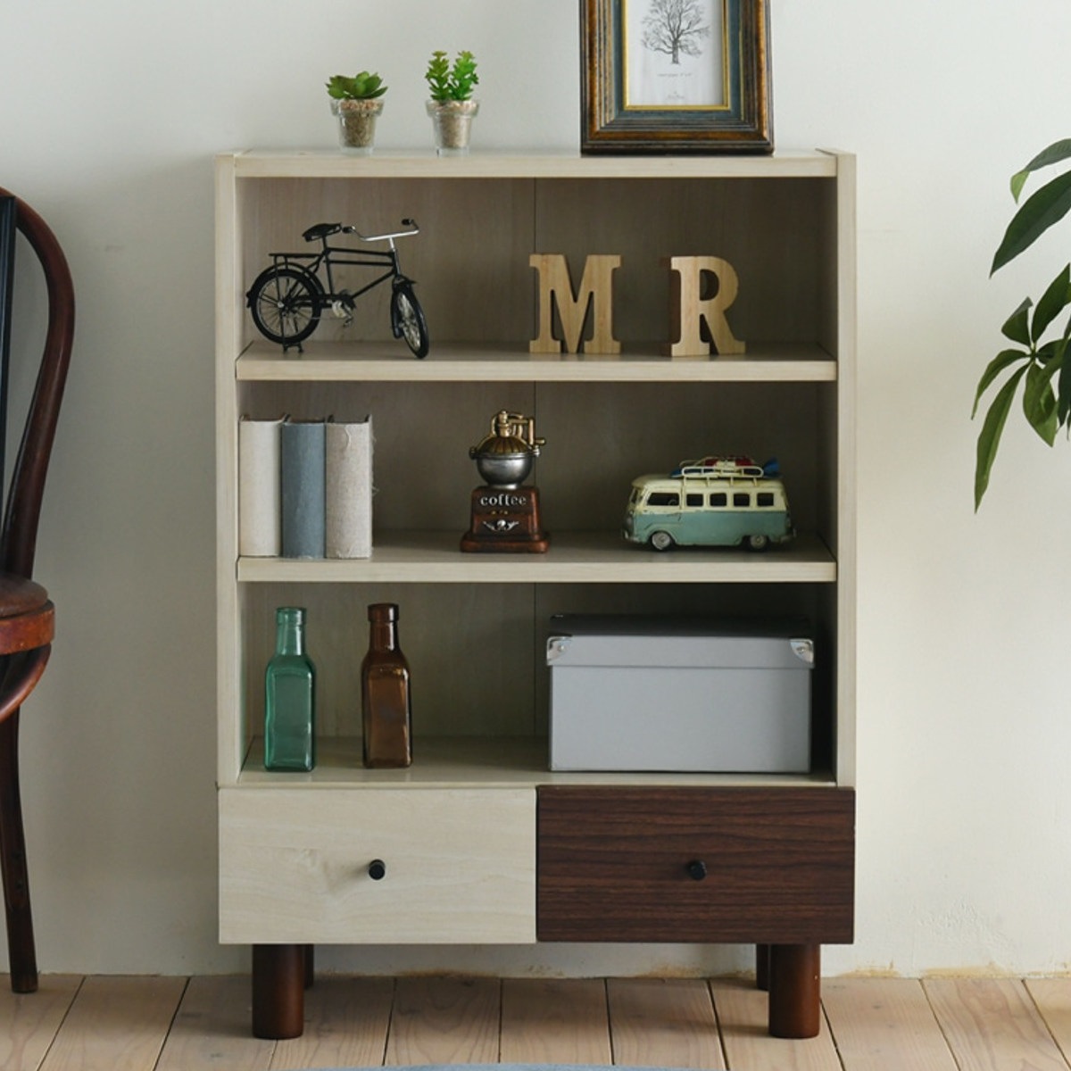 オープンラック 幅60cm 本棚 引出し付 ツートーン 積み重ね対応 シェルフ ラック 収納棚 木製 収納 オープンシェルフ 家具 リビング収納 コンソール ツートン おしゃれ 可愛い