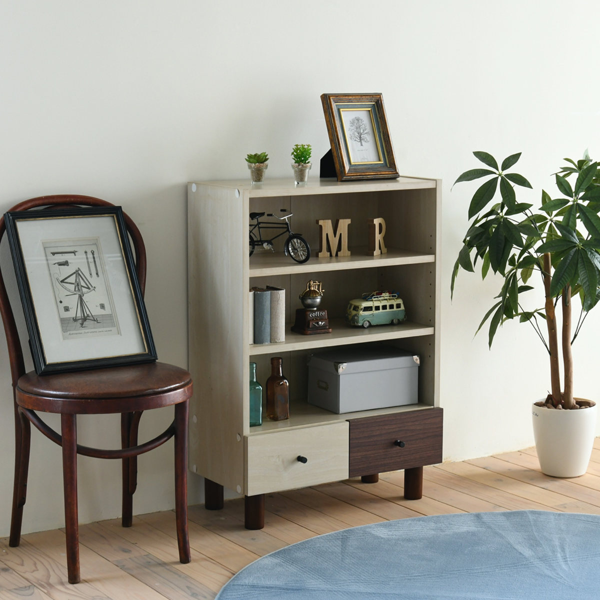 オープンラック 幅60cm 本棚 引出し付 ツートーン 積み重ね対応 シェルフ ラック 収納棚 木製 収納 オープンシェルフ 家具 リビング収納 コンソール ツートン おしゃれ 可愛い