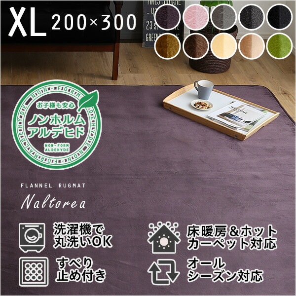 高密度フランネルマイクロファイバー/ラグマットXLサイズ（約200x300cm）洗えるラグマット ブラック