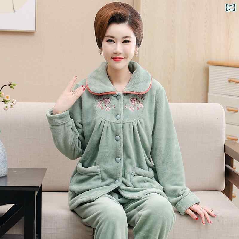 秋 冬 パジャマ い 女性 コーラル フリース 大きめ サイズ スーツ 高齢者 フランネル 暖かい ホーム ウェア