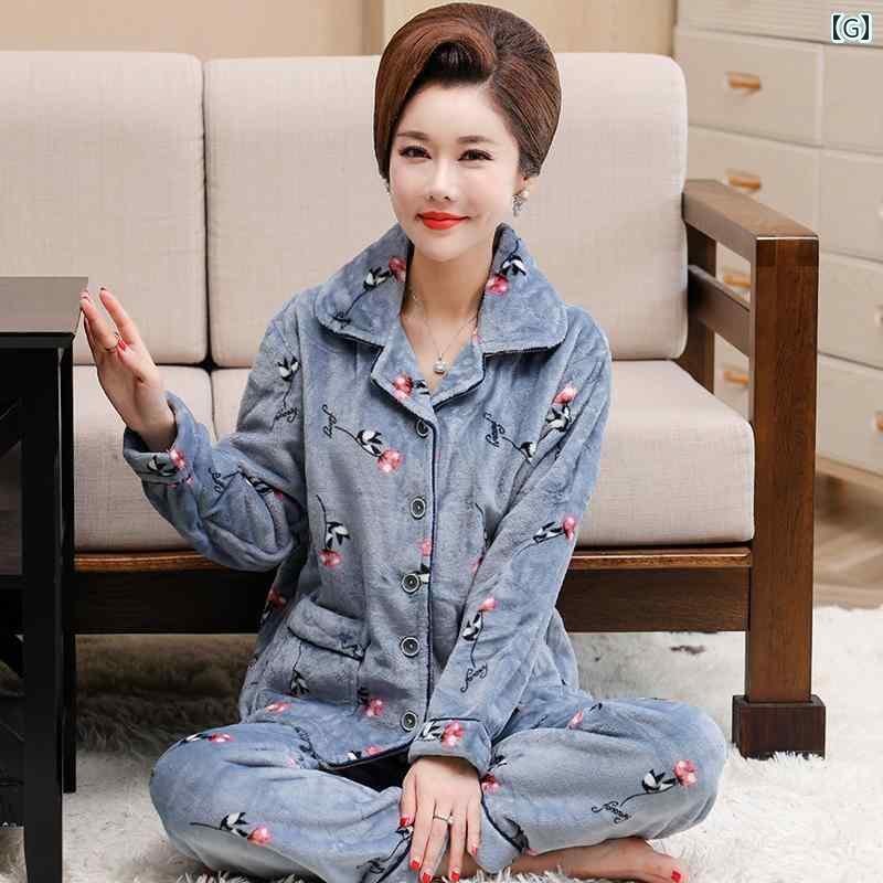 秋 冬 パジャマ い 女性 コーラル フリース 大きめ サイズ スーツ 高齢者 フランネル 暖かい ホーム ウェア