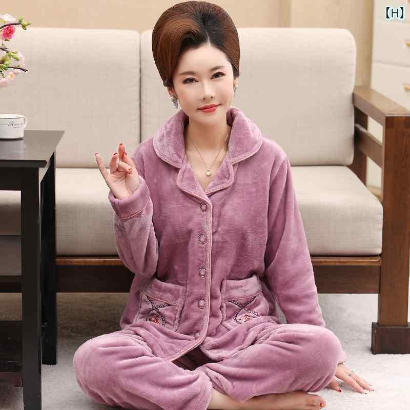秋 冬 パジャマ い 女性 コーラル フリース 大きめ サイズ スーツ 高齢者 フランネル 暖かい ホーム ウェア