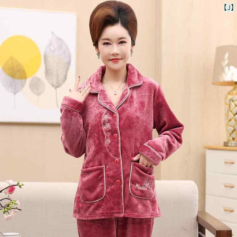 秋 冬 パジャマ い 女性 コーラル フリース 大きめ サイズ スーツ 高齢者 フランネル 暖かい ホーム ウェア