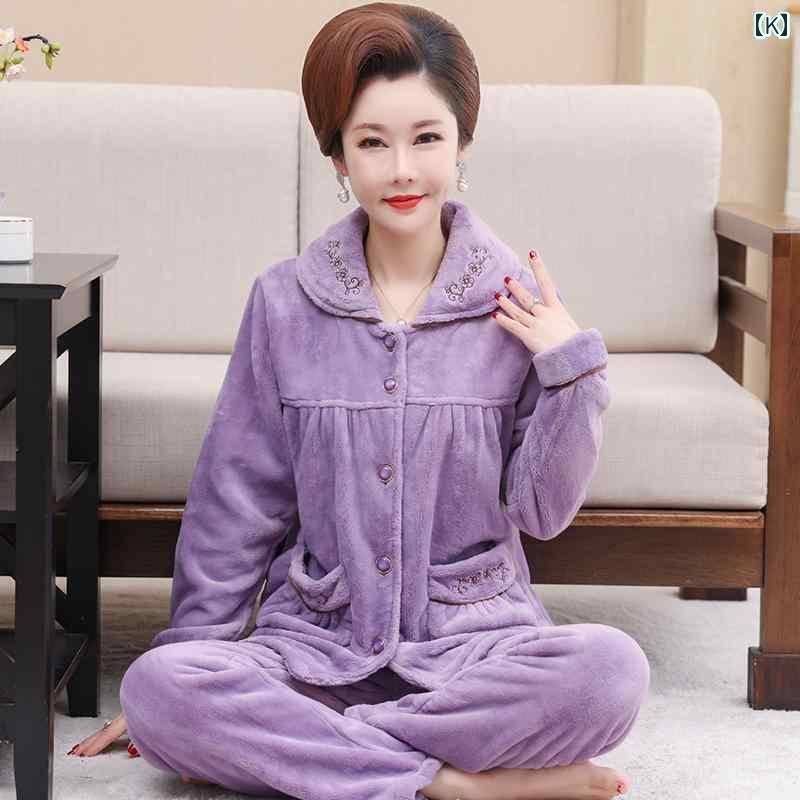 秋 冬 パジャマ い 女性 コーラル フリース 大きめ サイズ スーツ 高齢者 フランネル 暖かい ホーム ウェア