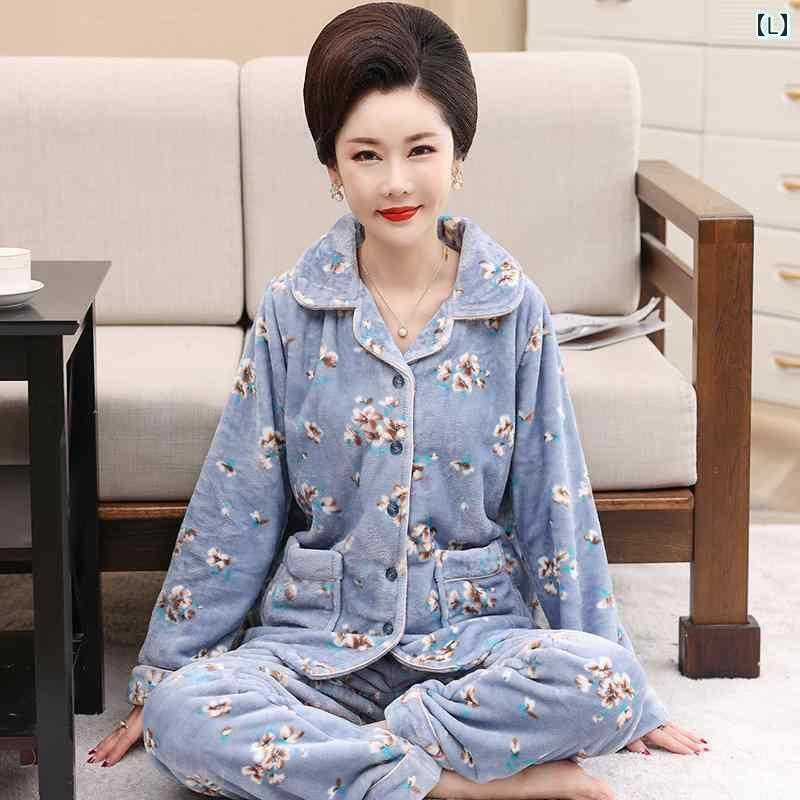 秋 冬 パジャマ い 女性 コーラル フリース 大きめ サイズ スーツ 高齢者 フランネル 暖かい ホーム ウェア
