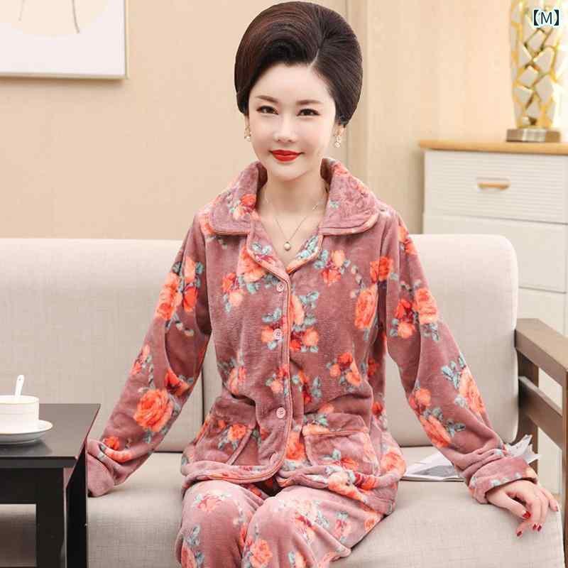 秋 冬 パジャマ い 女性 コーラル フリース 大きめ サイズ スーツ 高齢者 フランネル 暖かい ホーム ウェア