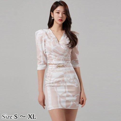 キャバドレス ナイトドレス ミニドレス セットアップ ツーピース カシュクール 五分袖 サテン ラグジュアリー チェーン柄 レディース グラシア キャバドレス ナイトドレス ミニドレス セットアップ ツーピース カシュクール 五分袖 サテン ラグジュアリー チェーン柄 レディース グラシア