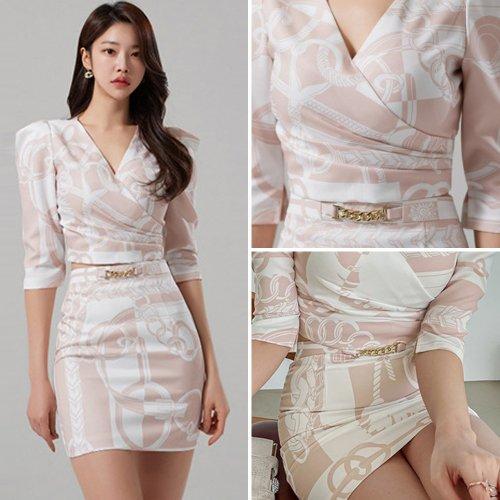 キャバドレス ナイトドレス ミニドレス セットアップ ツーピース カシュクール 五分袖 サテン ラグジュアリー チェーン柄 レディース グラシア キャバドレス ナイトドレス ミニドレス セットアップ ツーピース カシュクール 五分袖 サテン ラグジュアリー チェーン柄 レディース グラシア