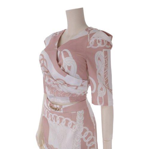 キャバドレス ナイトドレス ミニドレス セットアップ ツーピース カシュクール 五分袖 サテン ラグジュアリー チェーン柄 レディース グラシア キャバドレス ナイトドレス ミニドレス セットアップ ツーピース カシュクール 五分袖 サテン ラグジュアリー チェーン柄 レディース グラシア