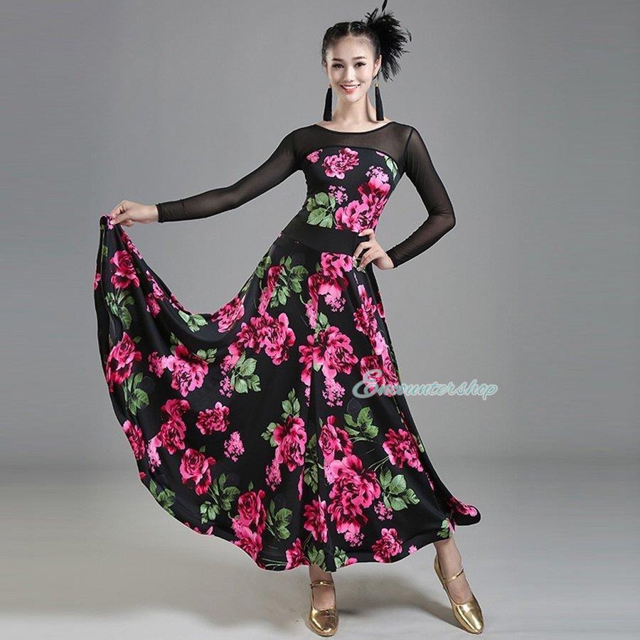 社交ダンス 衣装 練習着 ダンスウェア ステージ花柄衣装 競技会 競技用 レディース ワンピース パーティー舞台衣装 演出服 社交ダンス モダンドレス