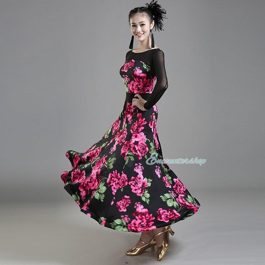 社交ダンス 衣装 練習着 ダンスウェア ステージ花柄衣装 競技会 競技用 レディース ワンピース パーティー舞台衣装 演出服 社交ダンス モダンドレス