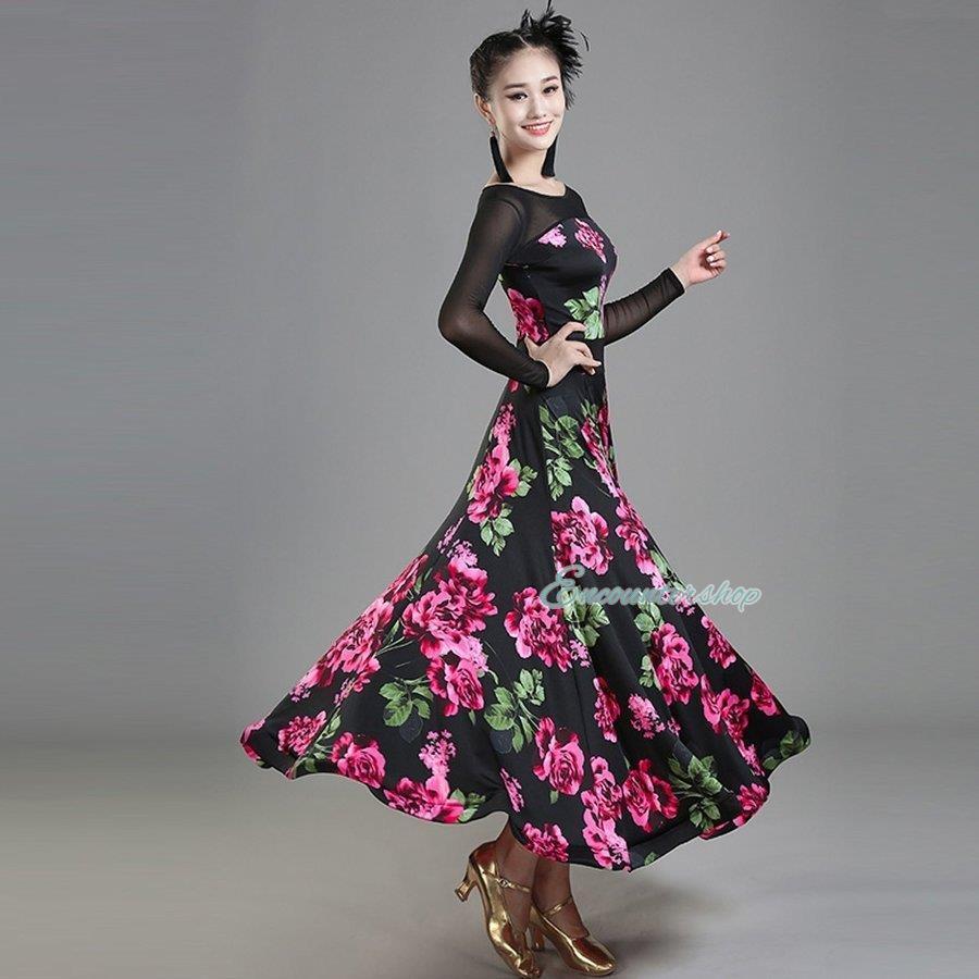 社交ダンス 衣装 練習着 ダンスウェア ステージ花柄衣装 競技会 競技用 レディース ワンピース パーティー舞台衣装 演出服 社交ダンス モダンドレス