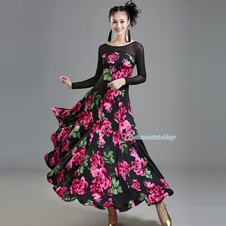 社交ダンス 衣装 練習着 ダンスウェア ステージ花柄衣装 競技会 競技用 レディース ワンピース パーティー舞台衣装 演出服 社交ダンス モダンドレス