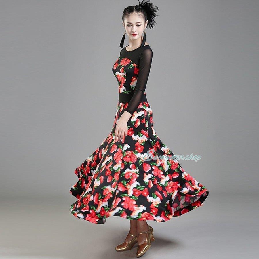 社交ダンス 衣装 練習着 ダンスウェア ステージ花柄衣装 競技会 競技用 レディース ワンピース パーティー舞台衣装 演出服 社交ダンス モダンドレス