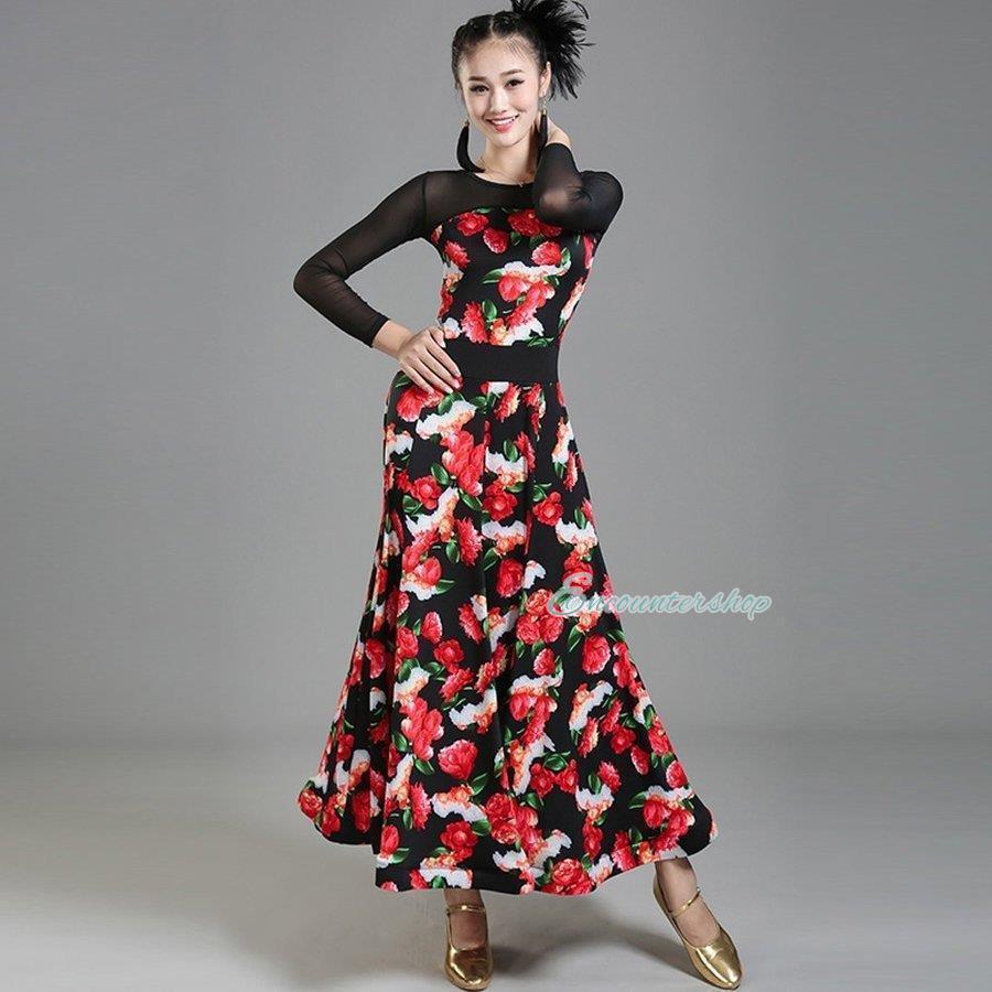 社交ダンス 衣装 練習着 ダンスウェア ステージ花柄衣装 競技会 競技用 レディース ワンピース パーティー舞台衣装 演出服 社交ダンス モダンドレス