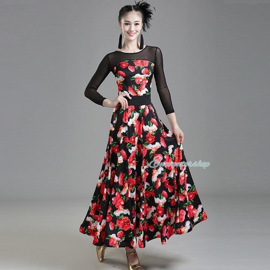 社交ダンス 衣装 練習着 ダンスウェア ステージ花柄衣装 競技会 競技用 レディース ワンピース パーティー舞台衣装 演出服 社交ダンス モダンドレス