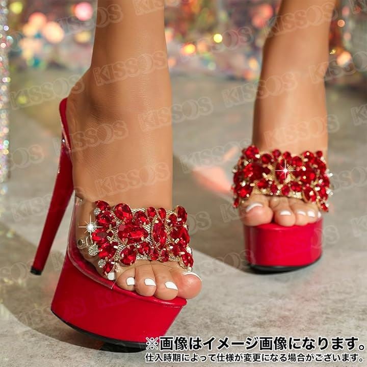 レディース ミュール パンプス 厚底 キラキラ ラインストーン 17cm サンダル キャバヒール おしゃれ 日本の靴のサイズ寸法 大人 数値 24.5(レッド, 24.5 cm)