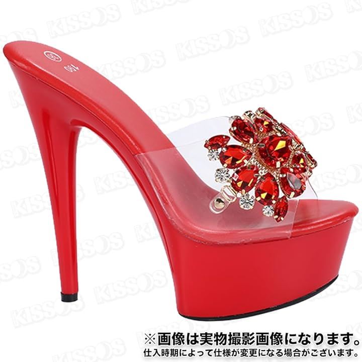レディース ミュール パンプス 厚底 キラキラ ラインストーン 17cm サンダル キャバヒール おしゃれ 日本の靴のサイズ寸法 大人 数値 24.5(レッド, 24.5 cm)