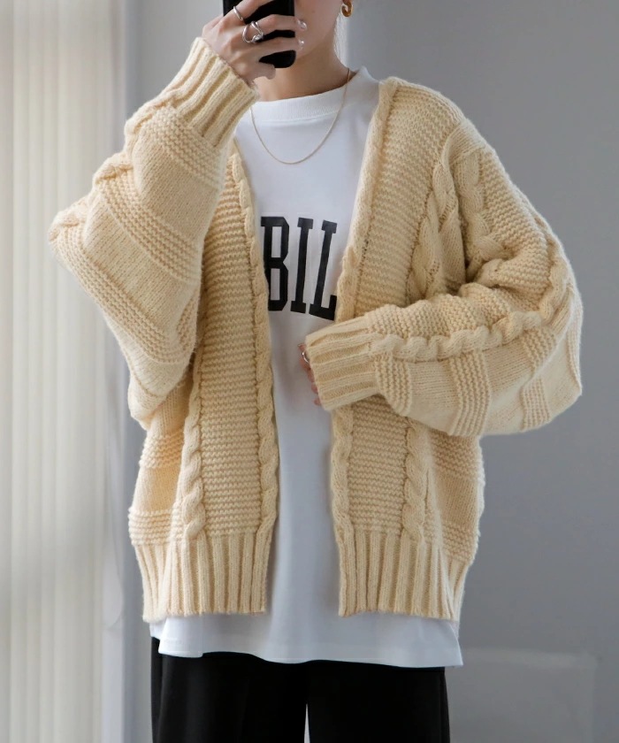 カーディガン ニット レディース セーター トップス ニットカーディガン 長袖 オーバー ぽわん袖 体型カバー リブ ケーブル ドルマン カーデ ボリュームスリーブ ショート 大きいサ