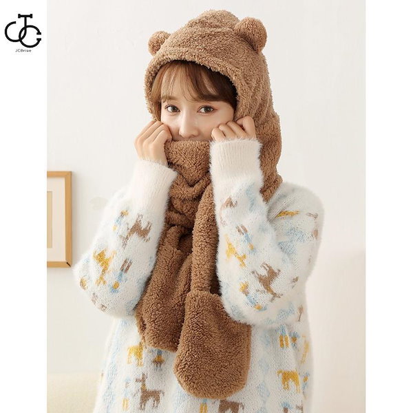 Qoo10] フード付マフラー ボア 帽子一体型 マフ