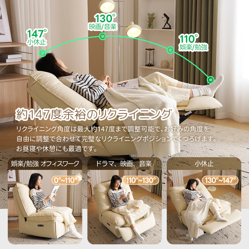 リクライニングソファー 肘掛けなし ロッキング 147 調整可能 270 回転 ゆったり 揺ら揺ら 電動リクライニングソファ オットマン一体型 1人掛け USBポート付き 電動ソファ モーションソ