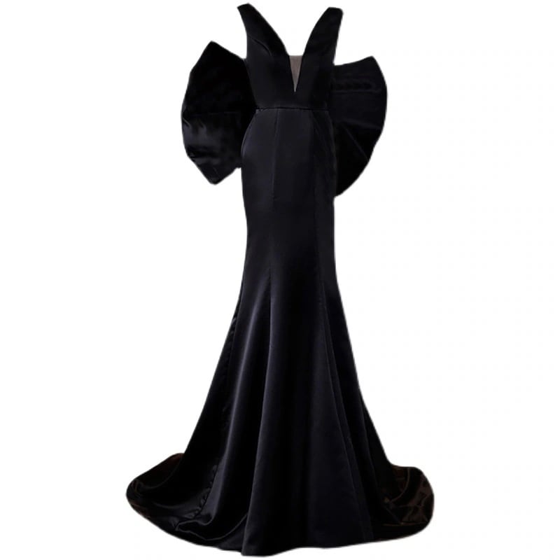 気質の名媛の黒いサテンのタキシードの新型のシンプルなファッションのショーの年次総会は尾を引くドレスです 気質の名媛の黒いサテンのタキシードの新型のシンプルなファッションのショーの年次総会は尾を引くドレスです