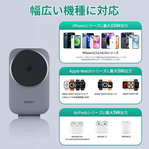 AUKEY LC-MC312-GY 3-in-1 MagSafe対応 ワイヤレス充電器 MagFusion Z Qi2対応 AUKEY LC-MC312-GY 3-in-1 MagSafe対応 ワイヤレス充電器 MagFusion Z Qi2対応