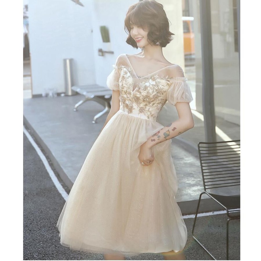 ミモレドレス Aラインワンピ パーティードレス 結婚式ドレス 20代 30代40代 二次会 ウエディ