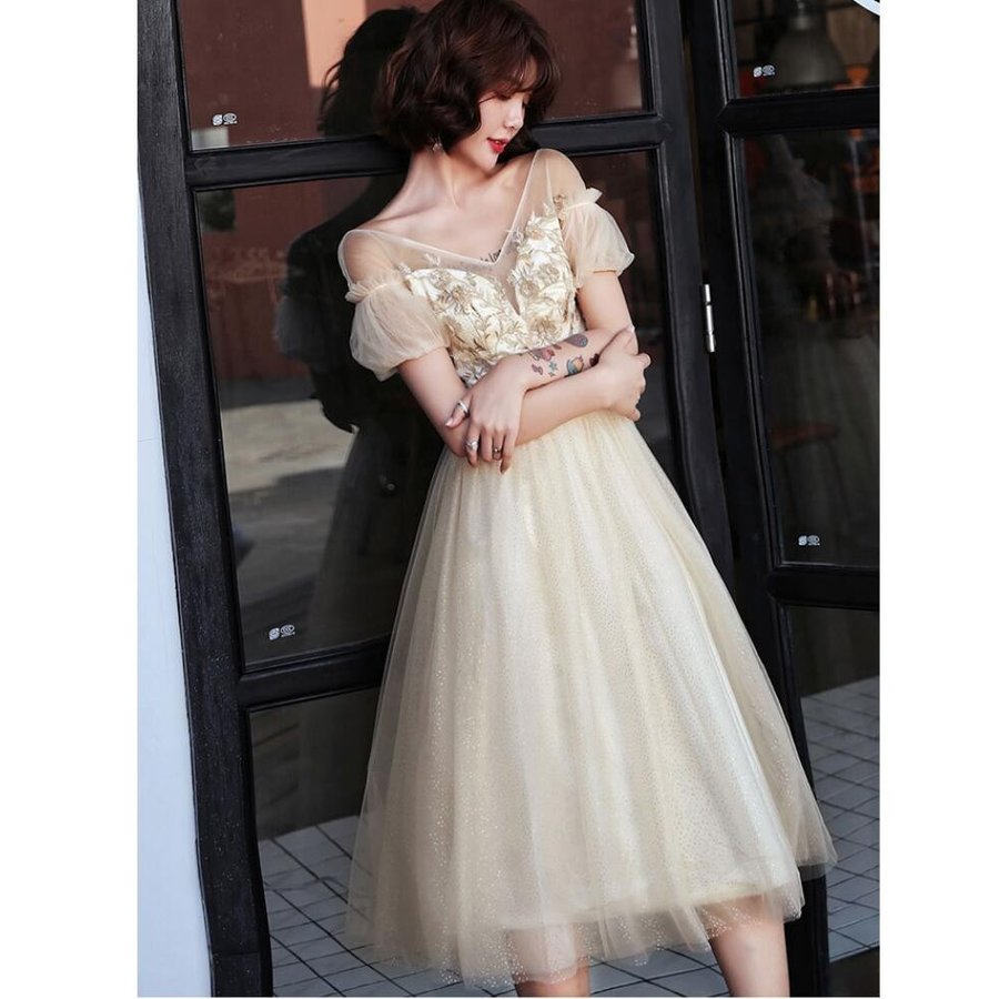 ミモレドレス Aラインワンピ パーティードレス 結婚式ドレス 20代 30代40代 二次会 ウエディ