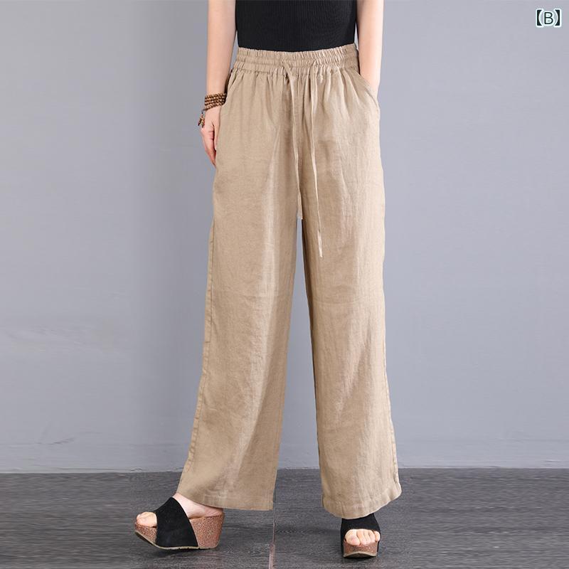エスニック ボヘミアン レディース コットンリネン 女性用 ワイド レッグ パンツ 夏 レースアップ 巾着 リネン ワイド レッグ パンツ ストレート パンツ カジュアル