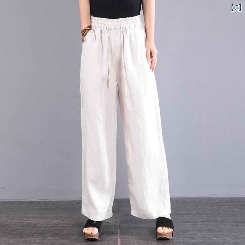 エスニック ボヘミアン レディース コットンリネン 女性用 ワイド レッグ パンツ 夏 レースアップ 巾着 リネン ワイド レッグ パンツ ストレート パンツ カジュアル