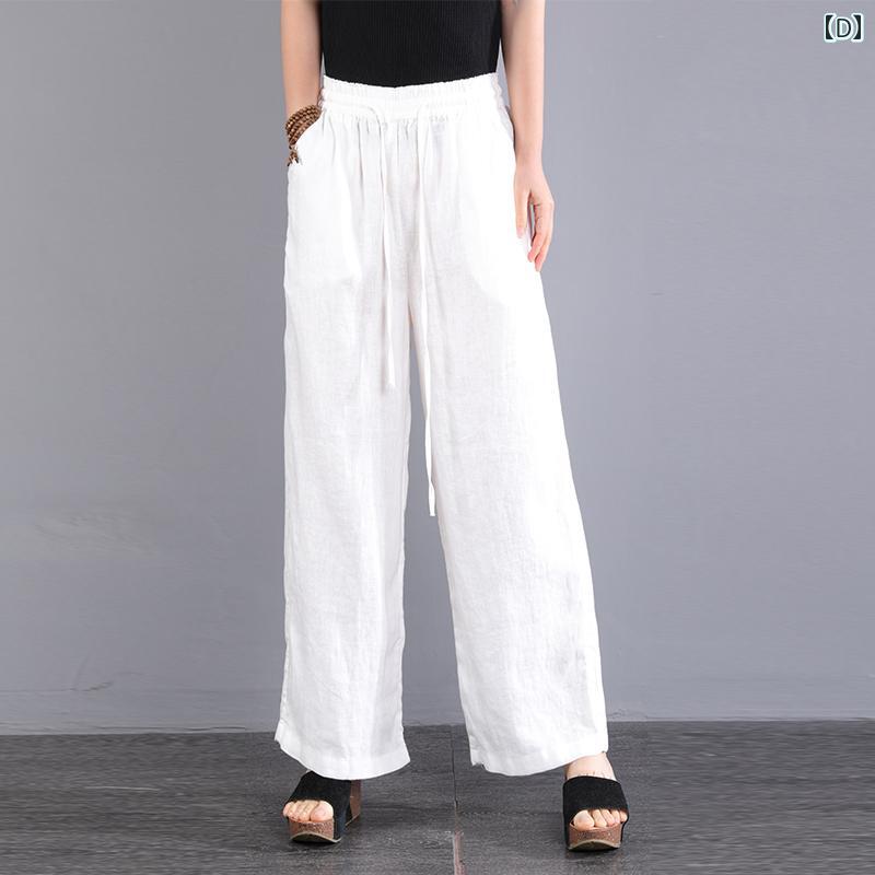 エスニック ボヘミアン レディース コットンリネン 女性用 ワイド レッグ パンツ 夏 レースアップ 巾着 リネン ワイド レッグ パンツ ストレート パンツ カジュアル