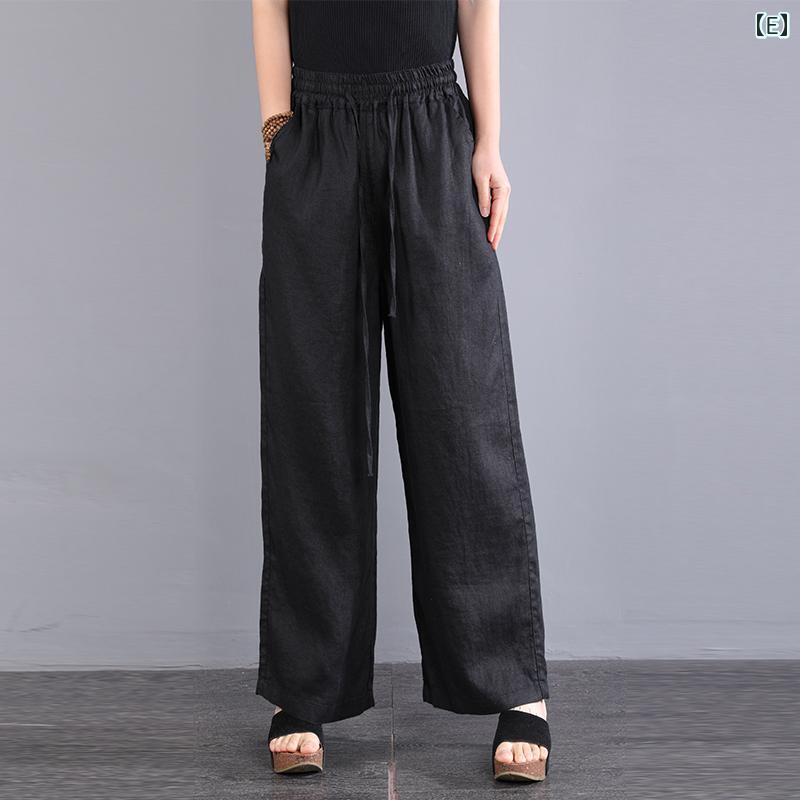 エスニック ボヘミアン レディース コットンリネン 女性用 ワイド レッグ パンツ 夏 レースアップ 巾着 リネン ワイド レッグ パンツ ストレート パンツ カジュアル